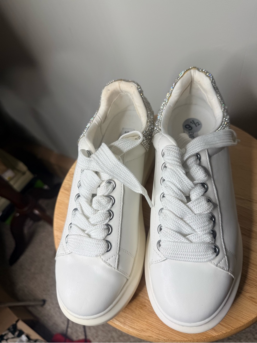 Steve Madden White Low-Top Sneakers with Crystal-Trim Heel